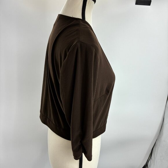 Perceptions Brown Cropped Cardigan Top Women’s Size L 3/4 Sleeve Deep V Button - Picture 3 of 6
